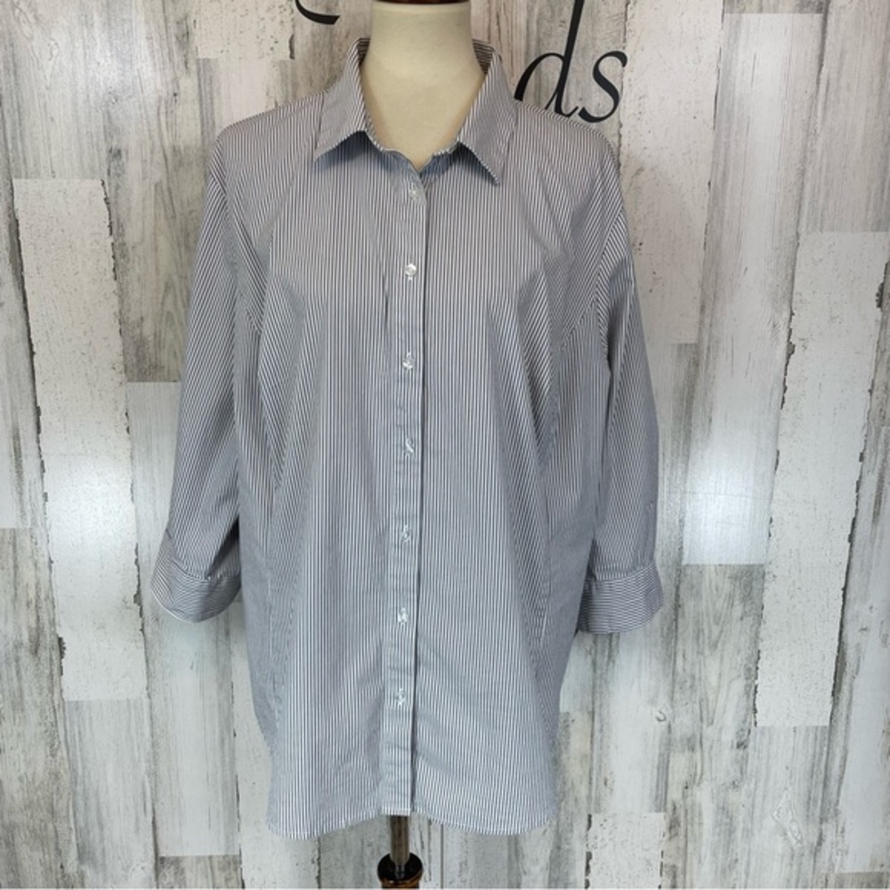 Worthington Women Size 3X Gary’s White Stripe Button Up Long‎ Sleeve Shirt Top
